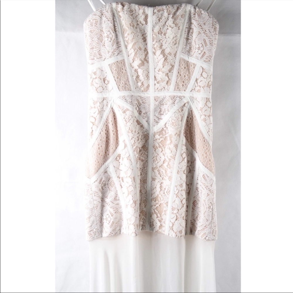 White lace beige silk lined Vivienne strapless long formal gown Sz 8 NWT